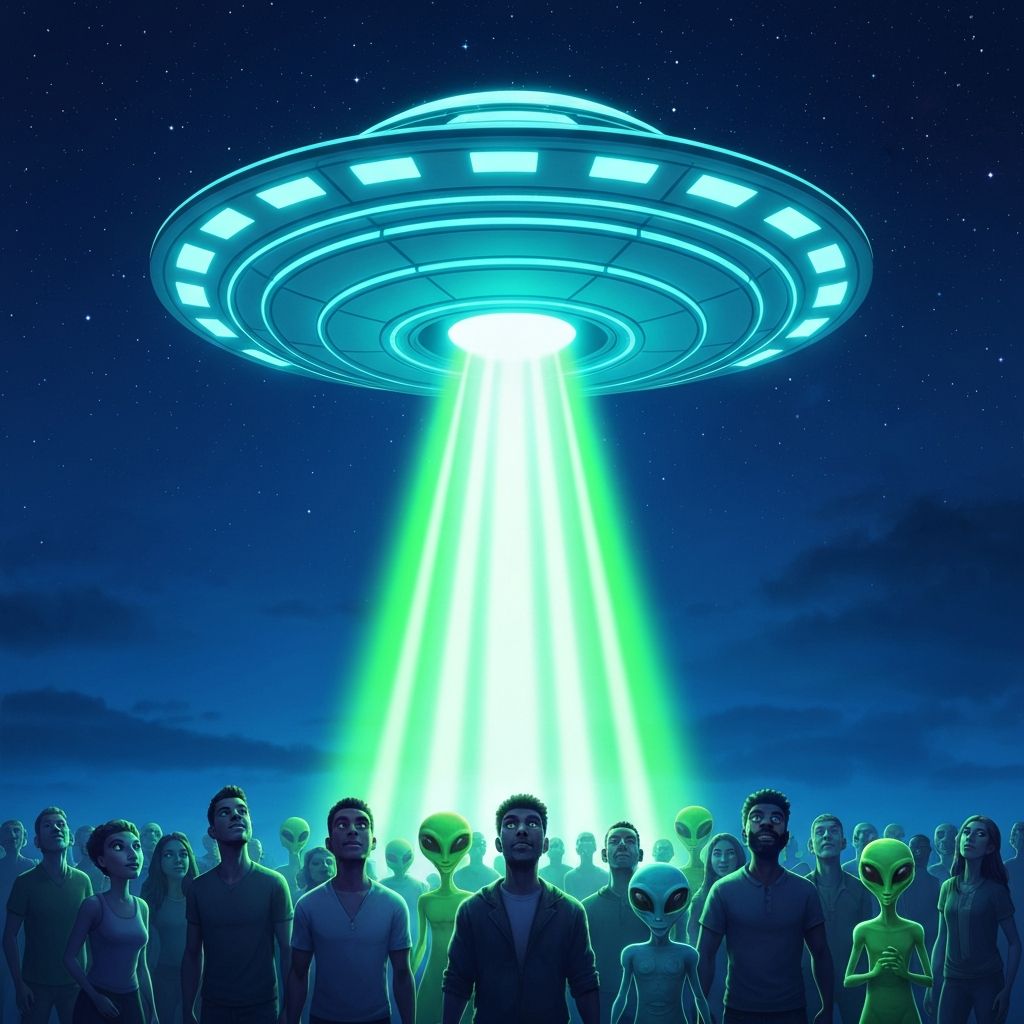 People and aliens gathered under a glowing UFO beam