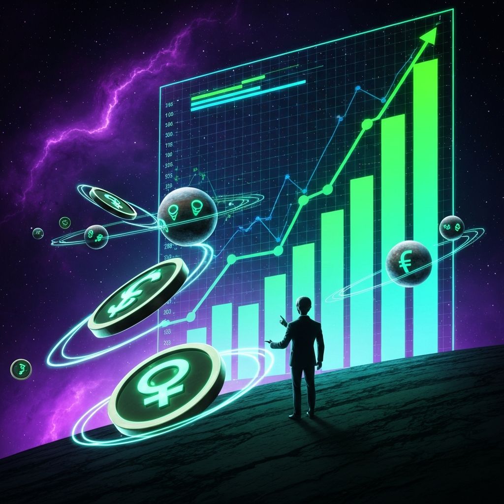 Alien charts, floating coins, and bizarre futuristic economy visuals