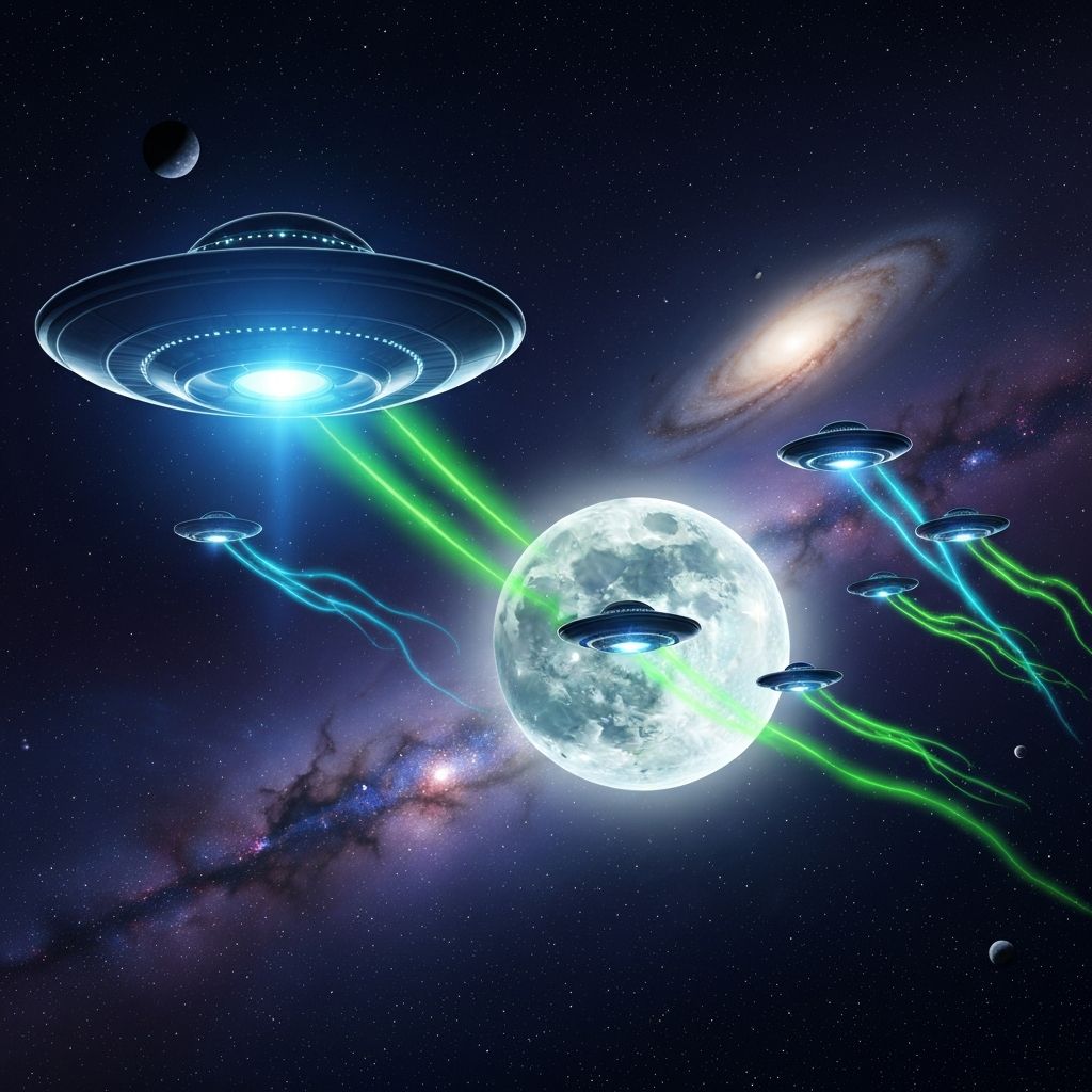 UFO convoy flying toward the moon and deep space