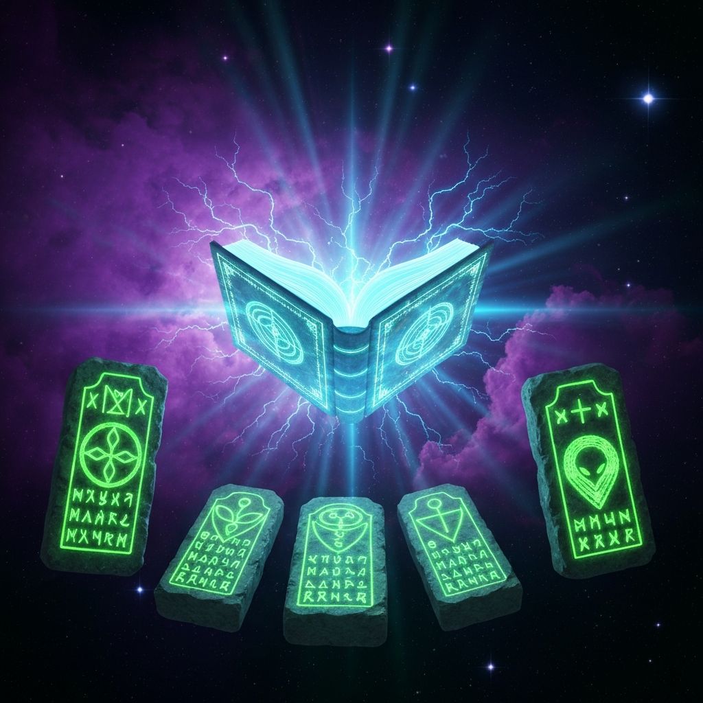 Ancient glowing alien tablets floating in space