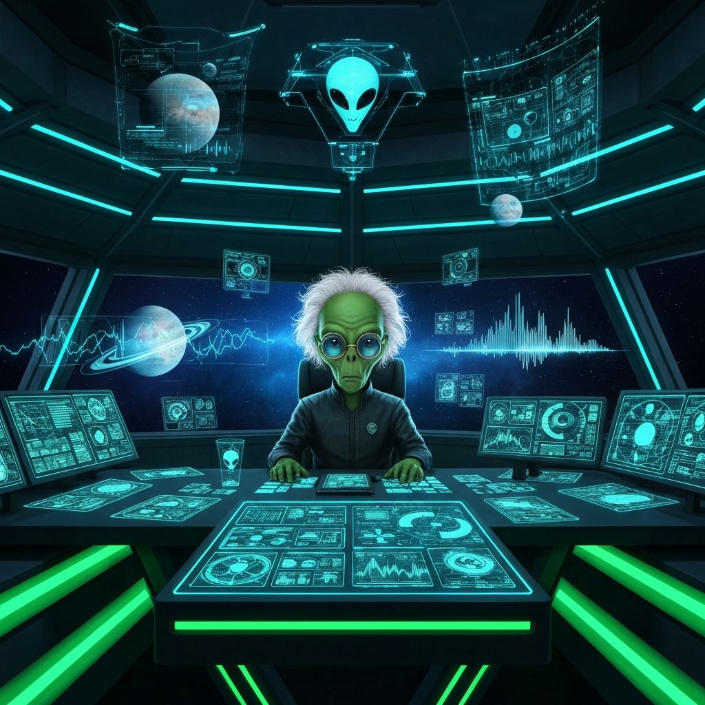 Balein at an alien command desk projecting holograms