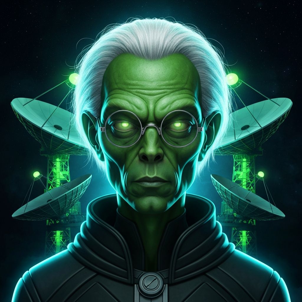 Close-up dramatic portrait of Balein with a massive transmission array